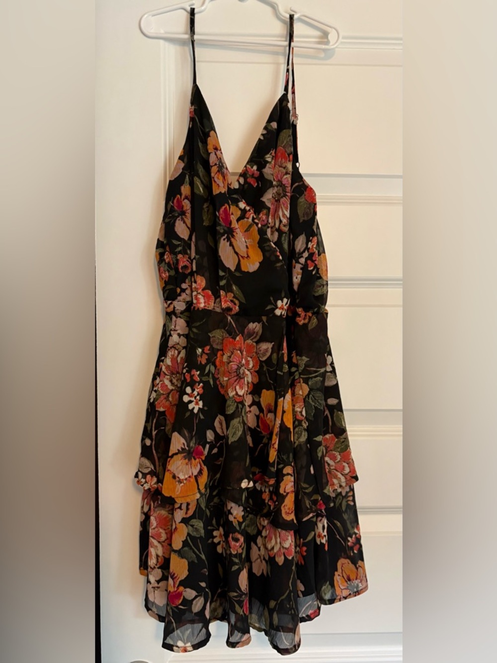 Maurices Black Floral V-Neck Mini Dress with Orange and Pink Blooms